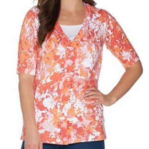 Floral Print Elbow Sleeve V-Neck Button Front Card